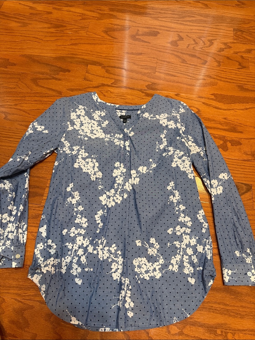 Blue Floral Dot-Print Long Sleeve Blouse